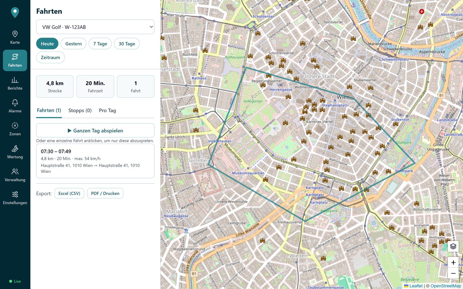 Fahrtenliste mit Route auf der Karte